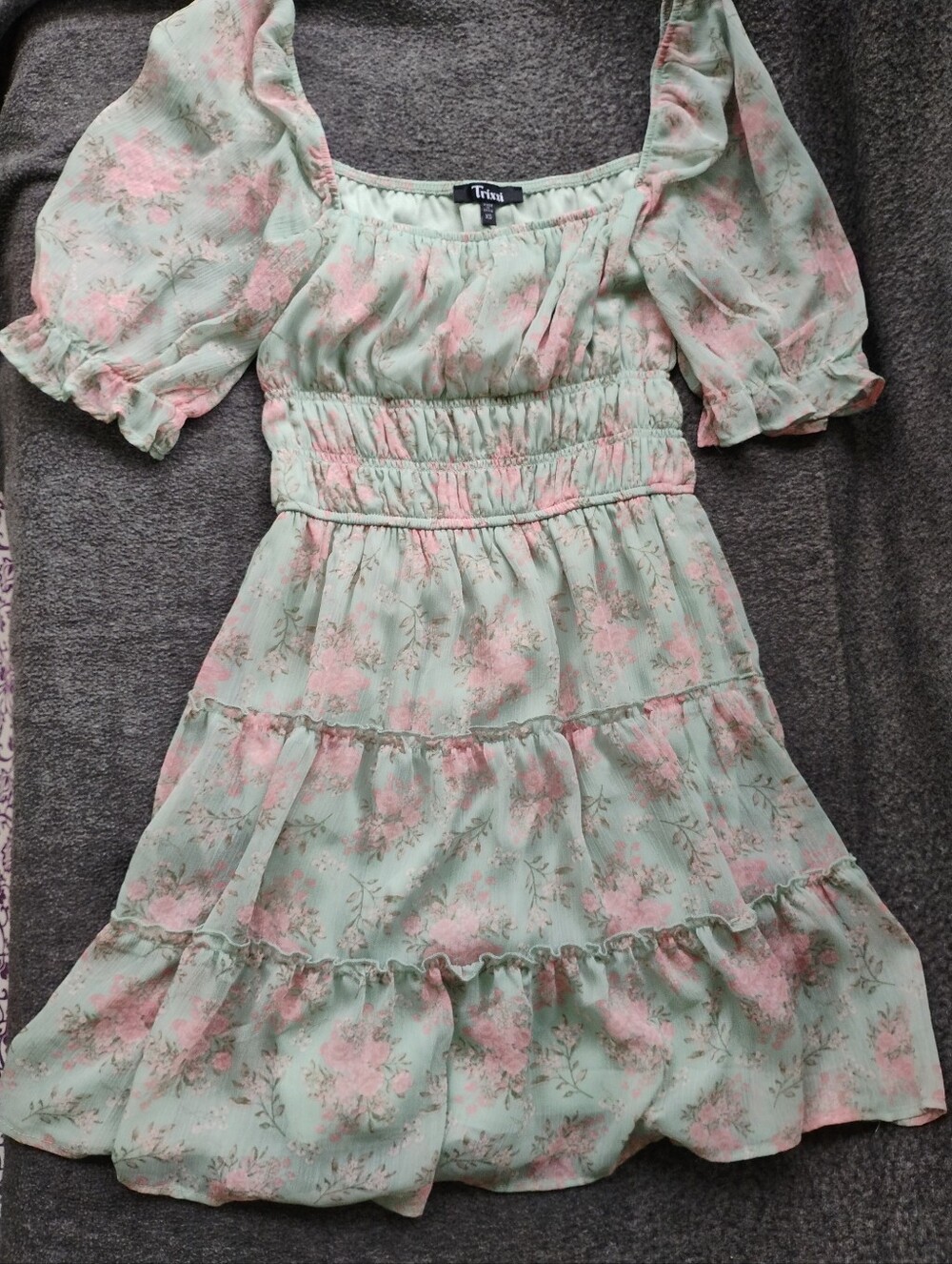 Smocked Mint Green Floral Mini Dress with Puff Sleeves